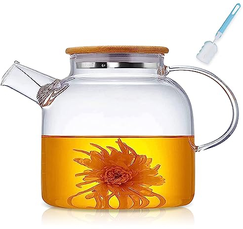 Teekanne mit Siebeinsatz,1500ML Teekanne Glas mit Holzdeckel,Hitzebeständige Hochborosilikat-Teekanne mit herausnehmbarem Filter,Modernes und elegantes Teekannendesign für Tee, Blumentee und Saft