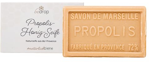 bedrop Propolis Seife, Naturseife, Akne Seife unreine Haut Schuppenflechte Neurodermitis, feste Handseife Körperseife mit Honig, Sheabutter, Kokosöl, Olivenöl, 100g