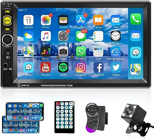 Autoradio 2 Din Bluetooth Mains Libres iOS/Android Mirror Link 7 Pouces Écran Tactile Autoradio Double Din avec Bluetooth FM/USB/AUX in/TF/EQ/SEL Commandes au Volant Caméra de Recul Télécommandes