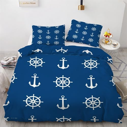 ROUSKI Bettwäsche Maritim 200x200 cm 3teilig 100% Leicht Mikrofaser Bettbezug Anker Roulette Bettbezüge mit Reißverschluss 3D Motiv Zimmer Dekor Bettwäsche-Sets mit 2 Kissenbezüge 80x80