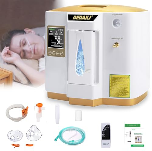 DEDAKJ Concentrador de Oxígeno, 93%±3% Alta Pureza 1-7L / min Ajustable, Generador de Oxígeno de Flujo Hogar LED Portátil Con Control Remoto, Función de Atomización, Certificado por la CE
