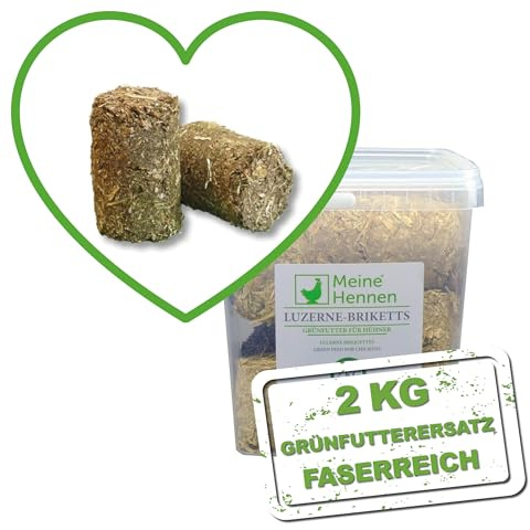 MeineHennen Luzerne-Briketts 2 kg Eimer (ca. 12 Stück) – Hochwertiges Ergänzungsfutter & Grünfutterersatz. Fördert natürliches Verhalten & Beschäftigung bei Geflügel. Wiederverschließbar