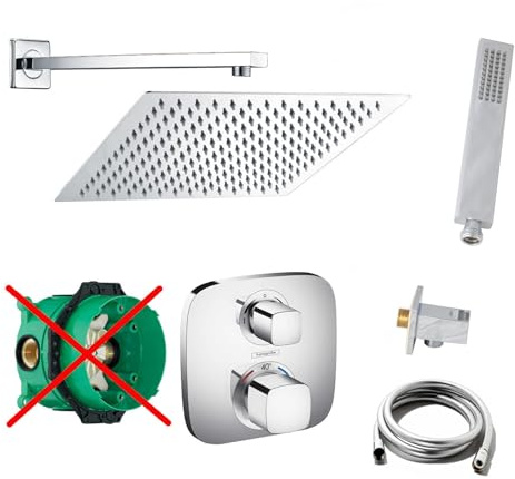 vanvilla Duschsystem Unterputz mit Duscharmatur Hansgrohe poliert HG13-ob | Duscharmatur von Hansgrohe Ecostat E Thermostat Armatur und vanvilla Regendusche Duschkopf eckig, Dusch-SET poliert