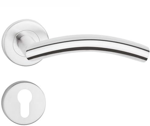 Sellon24® Türgriff Edelstahl Türklinke 1 Paar - Türbeschlag für Innentür, Zimmertür - Rosette Rund, Türdrücker Kurzschild (PZ Profilzylinder - NNO)