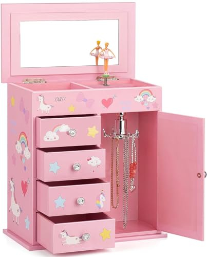 Redcoutt Boîte à Bijoux pour Fille avec 5 Couches, Porte Battante, Ballerine Rotative, Licorne et Château, Cadeau d'anniversaire pour Fille