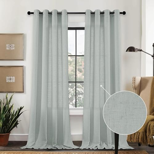 CUCRAF Linen Curtains Eyelet Sheer Net Voile 2 Panels 55 Width x 90 Drop Sage Green