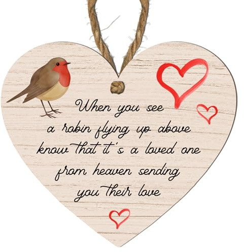 Handmade Wooden Heart Plaque - When You See a Robin Flying - Memorial Hanging Decoration with Twine String - Thoughtful Bereavement Gift (Small: 10 cm (H) × 9 cm (W))