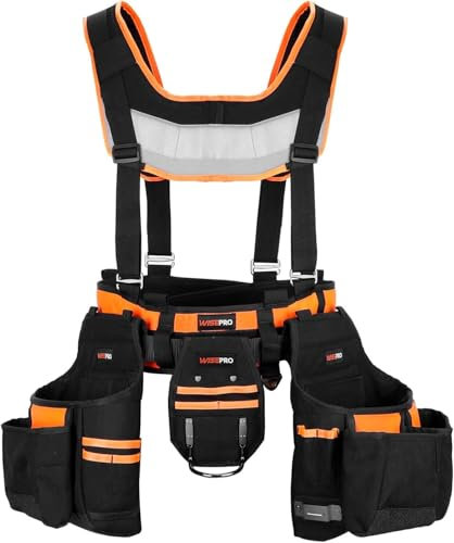WISEPRO Tool Belt with Suspenders, Heavy Duty Carpenter Tool Pouch 15 Main Pockets Adjustable Waist Size Detachable Tool Pouch,Hammer Loop, for Framers, Carpenter, Electrician