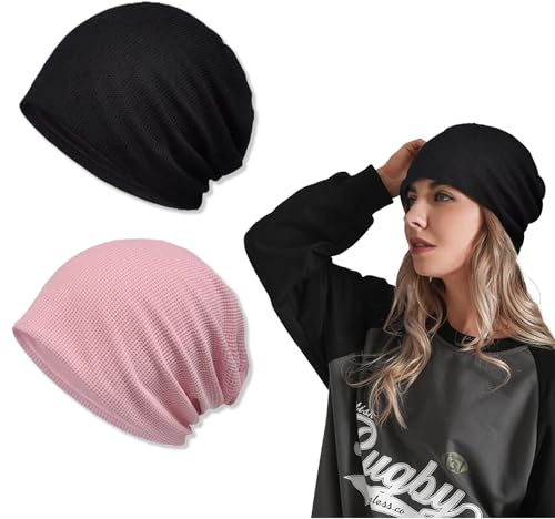 BDSHUNBF 2 PCS Beanie Hat, Winter Knit Beanie Hat for Ladies, Slouchy Winter Hats for Women, Womens Hats and Caps, Black & Pink