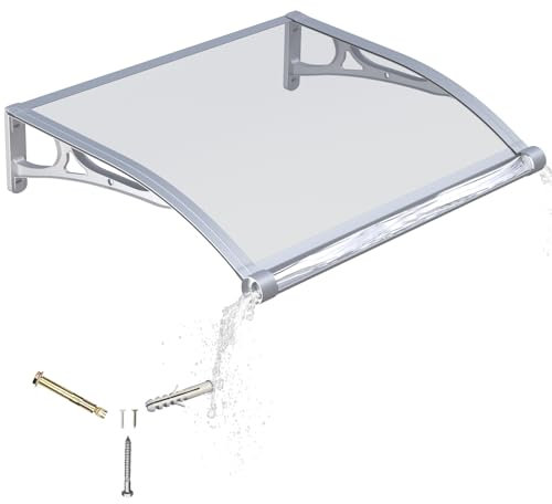 Pensilina da Esterno 100x80 cm in Policarbonato con Grondaia Integrata, Baldacchino Tettoia per Porta, Finestra e Veranda, con Protezione UV, Antipioggia e Antineve