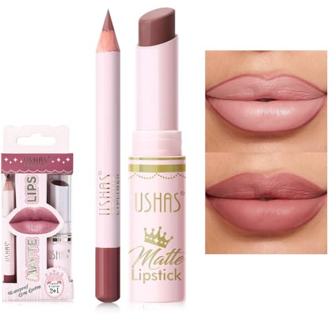 USHAS 2 in 1 Waterproof Lipstick and Lip Liner Set - Long Lasting Matte Lipstick Pen with Lip Liner - Makeup Kit (S8, Pack of 1)