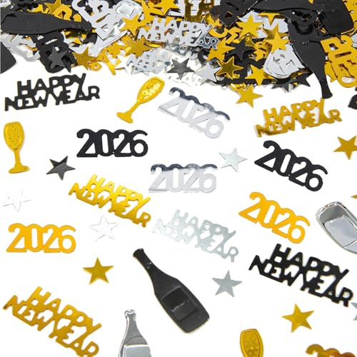 Konfetti Silvester, Silvester Deko, 1000 Stück Deko 2026 Party Set in Gold, Silber und Schwarz, Geeignet für Tischdeko Neujahr Karneval Party Karneval Party