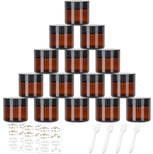 CulnCraz 15 Pack 60 ml Amber Round Glass Jars, 2 oz Empty Cosmetic Containers with Inner Liners, Black Lids and Glass Jars with Labels for Beauty Products, Cosmetic, Lotion, Powders and Ointments
