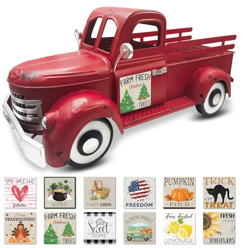 Décoration de Noël de Jardin de Voiture, Pot de Fleurs de Camion Vintage en Métal de 34cm avec 12 Saisons Signes Magnétiques, Contenants pour Plantes de Camion pour Table, Balcon de Jardin, Rouge