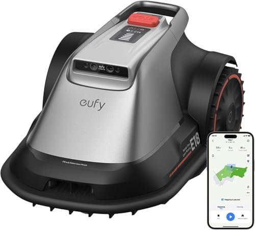 eufy Robot cortacésped E18, sin cable, sin RTK, sin problemas de señal, mapeo automático manos libres, evita obstáculos precisos, mantenimiento fiable del césped, experiencia sin preocupaciones