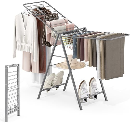 SYKIARIOL Clothes Drying Rack Foldable, Height Adjustable Clothes Airer, Metal Drying Rack Laundry, Portable Drying Rack Indoor & Outdoor For Sweater Baby Clothes, Grey