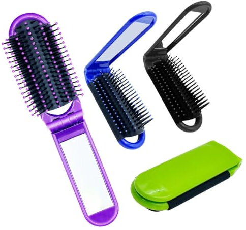 HYSENE 4 Pcs Folding Hair Brush with Mirror, Portable Foldable Hair Brush, Collapsible Travel Brush for Women, Men, Kids