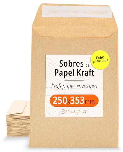 Enveloppes Kraft, avec bande de silicone pour invitations ou sachets-cadeaux pour invités lors de mariages, communions ou baptêmes. Enveloppes pour bijoux ou graines - Ofituria (250x353mm, 200 env.)