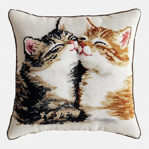 animale DIY Kit Ricamare Cuscini,Coppia di gatti che si baciano,Kit di Ganci a Chiusura per Cuscino,Federa per Cuscino per Divano per Adulti,Home Decor,43x43cm