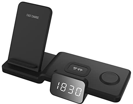 3 in 1 Wireless Charging Station with Clock for Android, iOS, and - Qi-Compatible Multi-Device Charger Stand
