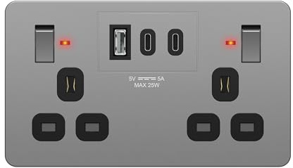 LIDER 2-Gang Switched 13A Socket, LED Power Indicator, 25W Combined Output | Always-On USB Ports, Space Gray, Use A 35mm-Deep Back Box, UKCA Certified, Child Safe & Insulation-Test Ready