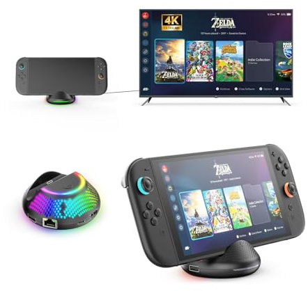 EJGAME Docking station portatile per TV compatibile con Nintendo Switch 2, supporta porta LAN Ethernet 1000 Mbps, uscita HDMI 4K, 2 porte USB, con illuminazione RGB, ricambio per dock ufficiale Switch