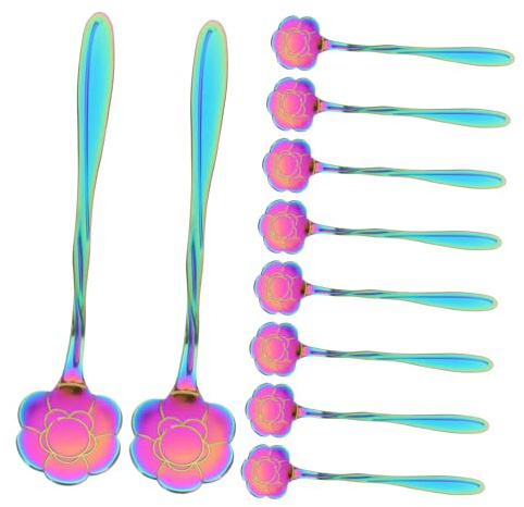 TOPBATHY Lot de 10 Cuillères à Gâteau et Dessert en Acier Inoxydable Irisé, Motif Tournesol, pour Café, Cocktail et Glace, Vaisselle Élégante pour Maison et Bar