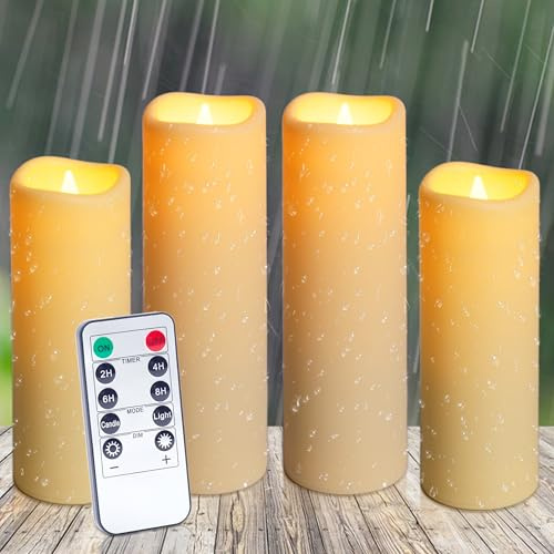 Auralome LED Kerzen Outdoor Wasserdicht - Timer Fernbedienung Flammenlose Große Kerze Set Flamme Batterie Elektrische Timerfunktion Stumpenkerzen Flackernde Außen Kunststoff Kerzen Weiß Deko 4 Stück