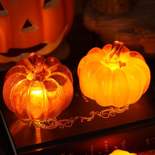 Zucca di Halloween,2 Pezzi Decorazione Autunnale a Forma di Zucca,Lanterne di Zucca,Decorazione per Halloween,Decorazione con Luci LED,per Carnevale,Carnevali e Feste a Tema,Halloween