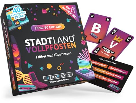 DENKRIESEN Bonuspack Stadt Land VOLLPFOSTEN Kartenspiel 70/80/90 Edition | 240 Kategorien für 3–6 Spieler ab 8 Jahren, Reise- und Partyspiel im Stadt-Land-Fluss-Stil für Fans der 70er, 80er und 90er.