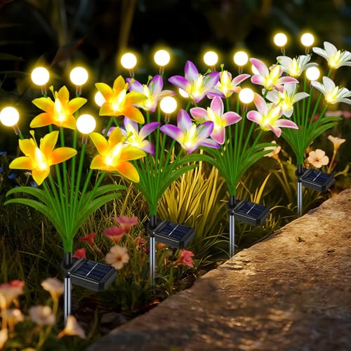 TEDOF Fleurs solaires de jardin, lucioles lucioles avec 4 couleurs de lys sauvages, fleurs solaires d'extérieur étanches pour terrasse, cour, décoration de jardin, cadeaux pour femme, maman