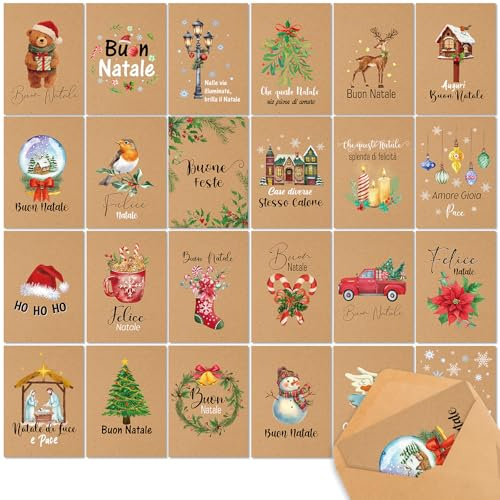 DPKOW 24 Natale Biglietti Auguri con Buste, Carta Kraft Biglietti di Auguri Buon Natale Natalizie, Natalizio Biglietto Tanti Auguri, 24 Stile Acquerello Originale (Non Pieghevole)