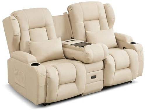 SITURAY 2er Relaxsessel mit Liegefunktion, Zweisitzer Fernsehsessel 2 Sitzer TV Sessel mit Konsole, Manuell Verstellbar Doppel Kinosessel bis 360 kg (Beige)