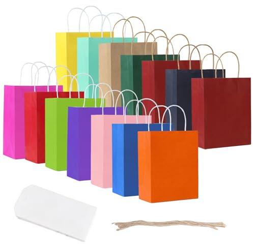 WOKICOR Geschenktüten 14 Stück Kleine Papiertüten mit Henkel, Bunt Geschenktaschen, Geschenktütenmit Weißem Anhänger und Jute, Perfekte Geschenktasche für Kindergeburtstag, Party 15 x 8 x 21 cm