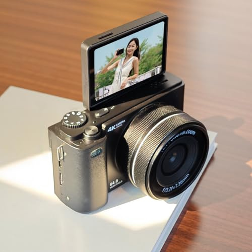 Appareil photo numérique compact 4K avec 64 mégapixels, zoom numérique 16x, écran rabattable et technologie anti-secousses pour photos et vidéos haute résolution (noir, 32 Go)