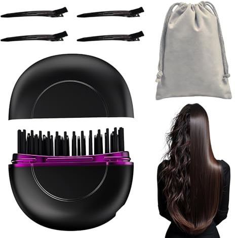Mini Hair Straightener, Glam Brush Mini Straightener, 2 in 1 Portable Cordless Hair Straightener 30s Fast Heating Hot Comb 3-Speed Temperature Control USB Styling Brush for Travel Home Bring 4 Clips