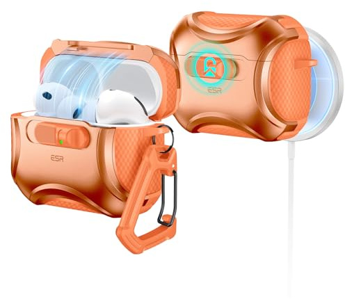 ESR Cover per AirPods Pro 3, Compatibile con MagSafe, Chiusura Antiurto | Compatibile con AirPods Pro 3, Compatibile con MagSafe,Protezione Anticaduta con Gancio,Chiusura Antiurto,Serie Cyber,Arancia