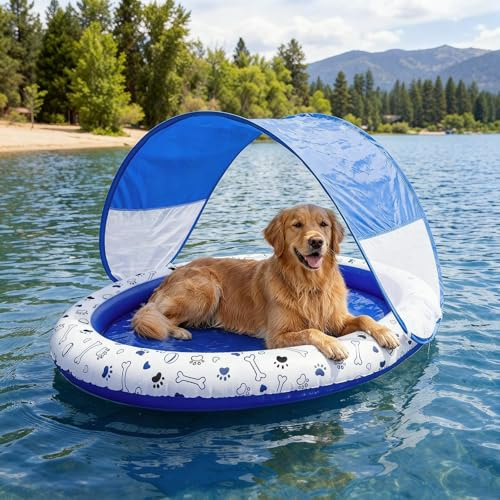 Seenelling Dog Pool Float with Canopy Inflatable Dog Water Raft for Lake Pet Swimming Float Lounger with Shade for Small Medium Large Dogs Pet Pool Accessories (Blue,57x39in,Oval)