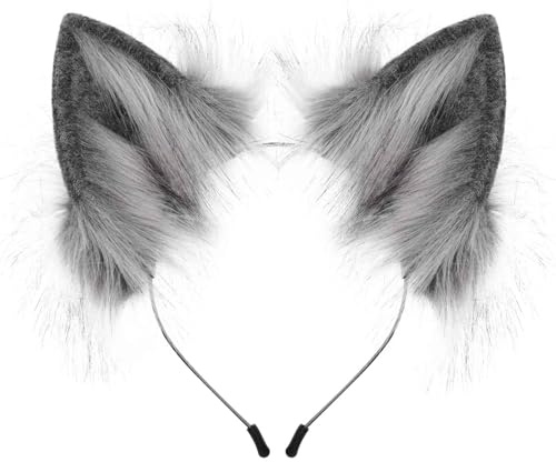 Sunnyuk Kunstfell Fell Wolf Ohren Haarreif Fuchs Katzenohren Stirnband Furry Wolfsohren Kopfbedeckung Cosplay Cute Wolf Kostüm Damen Karneval und Party Zubehör