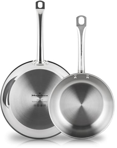 MAGEFESA Ecosteel - Juego de Sartenes 20 + 26 cm, Acero Inoxidable, Sin Antiadherente, Apta para Todas las Cocinas, Inducción, Libre de PFOA/PFTE