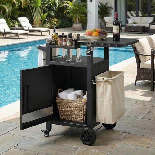 MYEYPEL 34 Stainless Steel Kitchen Pantry Storage Cabinet, Freestanding Kitchen Cabinet with Foldable Leaf, Kitchen Hutch with Weatherproof Cover for Outdoor BBQ, Black