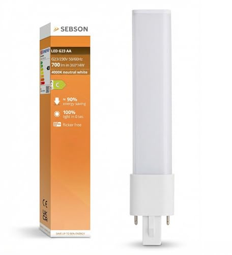 SEBSON Bombilla LED G23 4W - Sustituye lámpara CFL compacta 7-9W | compatible con Dulux S y PL-S - Casquillo 2 Pin, 4000K 700lm, 230V AC y CCG