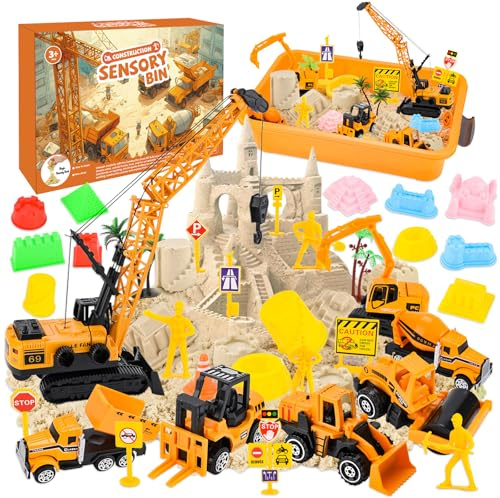 TOSUTO Sable Magique Enfant,Jouets Sensoriels avec 1kg de Sables Magique | Sable Magique Cinétique pour 7 Camions de Chantier | 12 Moules de ChâTeau | 1000 g de Sables Magique