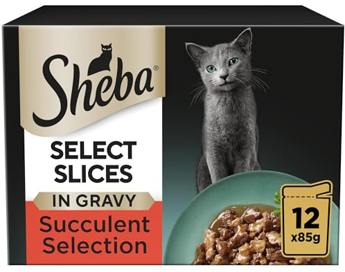 Sheba Select Slices in Gravy 48 Pouches, Adult Wet Cat Food, Succulent Selection, Pack of 4 (12 x 85 g)