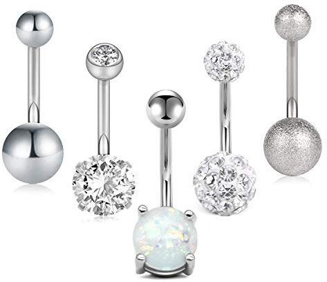 Crdifu 5 Stück Bauchnabelpiercing Silber Edelstahl 14G 10mm Bauchnabel Piercing Set mit Zirkonia Synthtisch Opal Kugel Bauchpiercing Bauch Nabelpiercing Körperschmuck für Damen