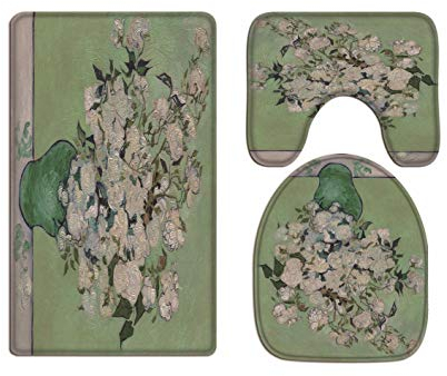 A.Monamour Badezimmer Badematte 3 Teilig Set Rosa Rosen In Einer Vase Von Vincent Van Gogh Art Oil Painting Flanell Saugfähig Badteppiche Badvorleger Badgarnitur WC Vorleger