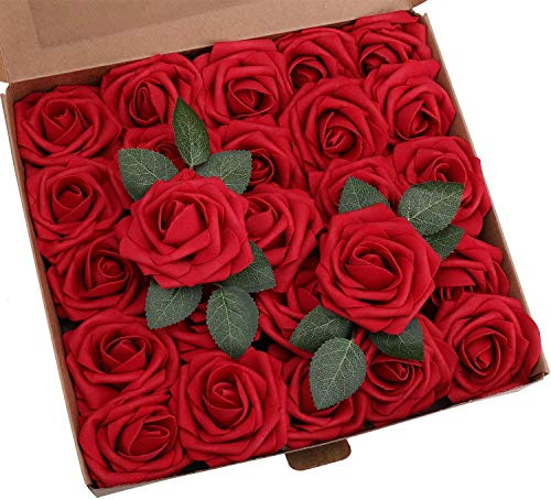 Shiwaki 25 Pezzi PE espanso Rose Artificiali Fiori per Matrimonio Fai da Te Damigelle d'Onore Bouquet centrotavola Addio al Nubilato Polso Decorazioni Floreali - Rosso