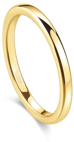 Greenpod 2mm Tungsten Wedding Band Ring for Women Men 24K Gold Plated Domed High Polish Engagement Ring Size 5