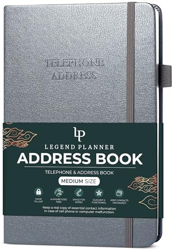 Legendplanerare adressbok med alfabetiska flikar – telefonkontaktbok för telefonnummer, adresser, lösenord, medium (Mystic grå)