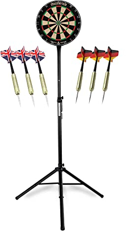 Stagecaptain DBS-1715 Bullseye Pro Dartscheibe Komplett Set - Profi Steeldartscheibe aus Sisal - Stufenlos höhenverstellbarer Ständer aus Stahl - 6 Dartpfeile und 4 Sets Flights